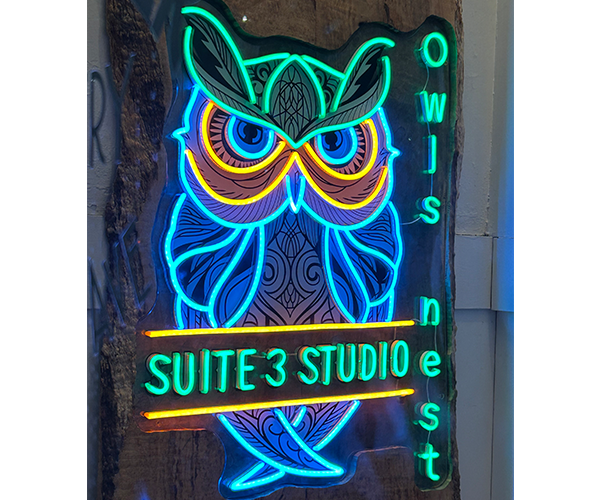 Neon sign of an owl with "OWL'S NEST"—book recording sessions & music lessons at SUITE 3 STUDIO in bright lights.